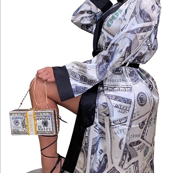 💰 Women Sexy Money Print Satin Robe Kimono - Picture 5 of 5